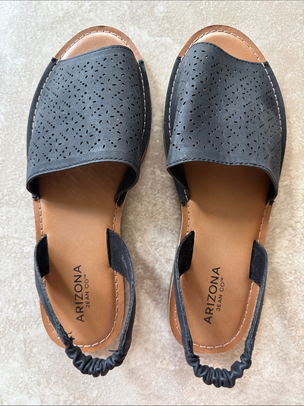 Arizona Jean Company Black Perforated Slingback Sandals with Brown Footbed